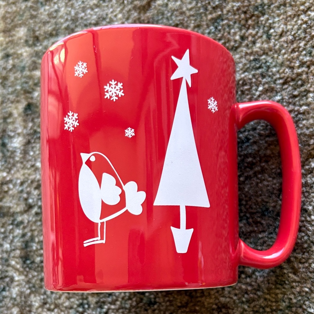 The Old Pottery Company Red Bird Snow Christmas Mug with Bird and Tree Design